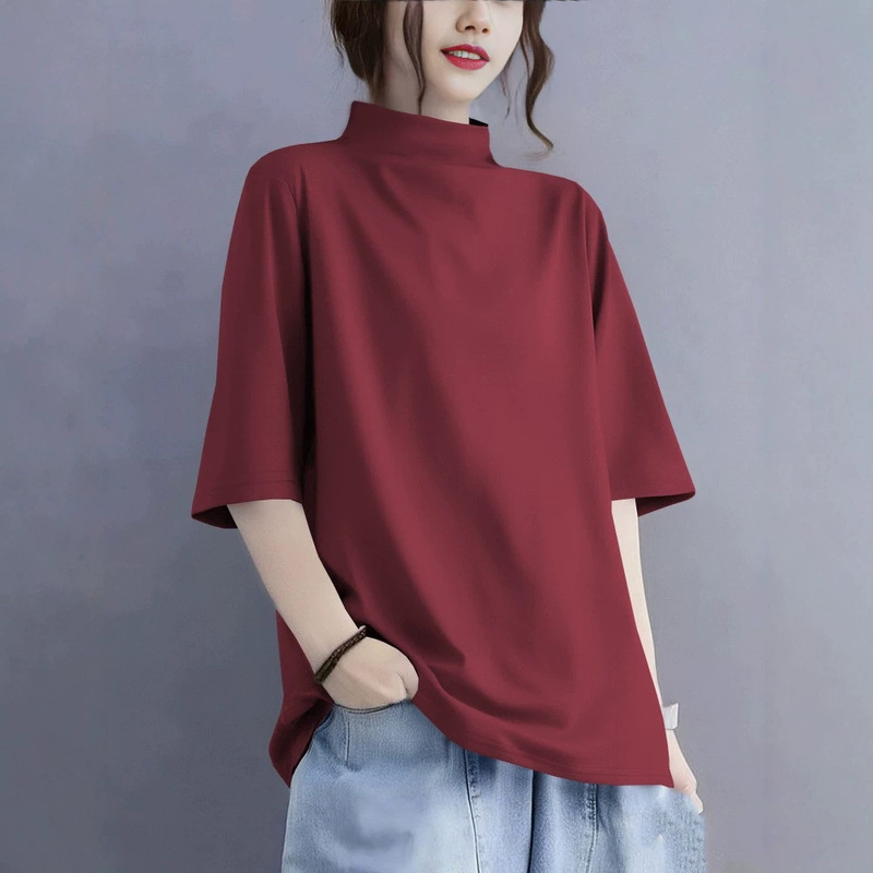 Versatile and Stylish Loose-Fitting Spring/Summer Plus-Size Cotton Half-Turtleneck Top with a Youthful Look, Artistic Women's T-Shirt with Five-Quarter Sleeves Versatile and Stylish Loose-Fitting Spring/Summer Plus-Size Cotton Half-Turtleneck Top with a Youthful Look, Artistic Women's T-Shirt with Five-Quarter Sleeves