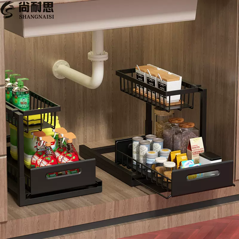 下水槽置物架浴室卫生间橱柜内整理架抽屉式L型厨房水槽下收纳架