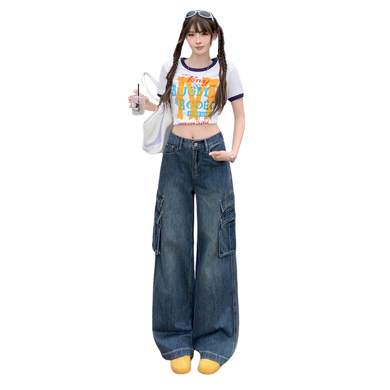 アメリカンレトロマルチポケットワークジーンズ女性用2025年夏新作ハイウエストスリムワイドレッグフロアレングスパンツ|undefined