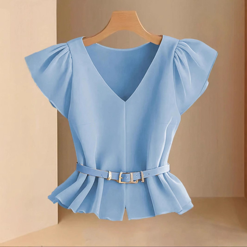 Casual Soft and Comfortable Fashionable French Style Lightly Mature Niche Blue Women's V-Neck Simple Elegant Shirt & Belt Not Included