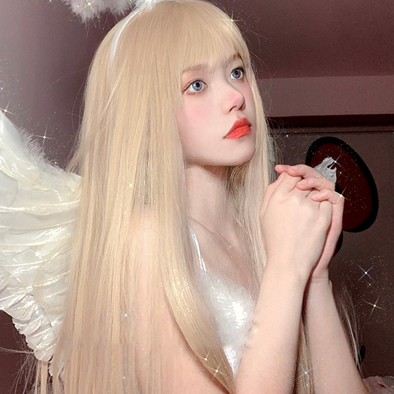 Japón y Corea del Sur explotaron el aire dorado claro cabello largo recto y peluca de frange natural realista fibra química cubierta de cabeza completa