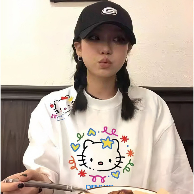 Pure Cotton Right-Shoulder Short-Sleeved T-Shirt for Women 2026 New Large Size Hello Kitty Cartoon Print Loose Casual Half-Sleeved Top Pure Cotton Right-Shoulder Short-Sleeved T-Shirt for Women 2026 New Large Size Hello Kitty Cartoon Print Loose Casual Half-Sleeved Top
