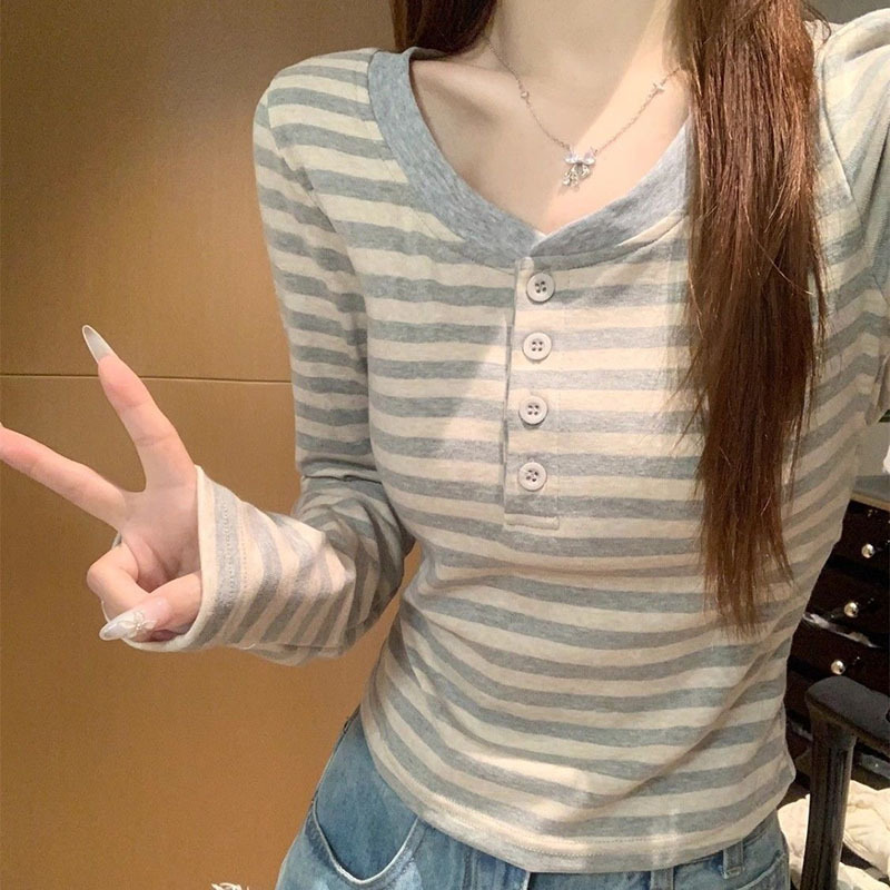 Korean-Style Cross-Border Striped Long-Sleeve T-Shirt for Women, Suitable for Spring, Autumn, and Winter, with Henley Collar, Half-Open Collar, Short Top