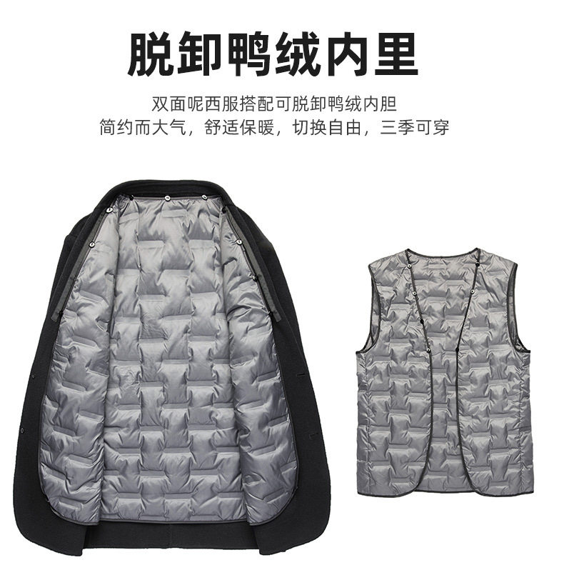 Áo vest nam dạ len hai mặt có lớp lót lông vũ tháo rời, tay dài, cổ vest — Cà phê xám, màu xám đậm, đen chi tiết 6