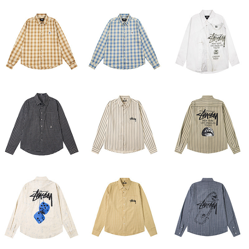 Cross-Border Stussy Japanese-Style Long-Sleeve Printed Shirt, New Loose Casual Plaid College-Style Shirt for Men