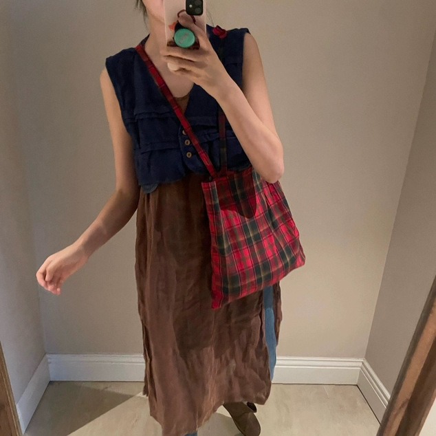 韩版日系复古红绿格子单肩包斜挎包薄款纯棉布袋轻文艺休闲女包