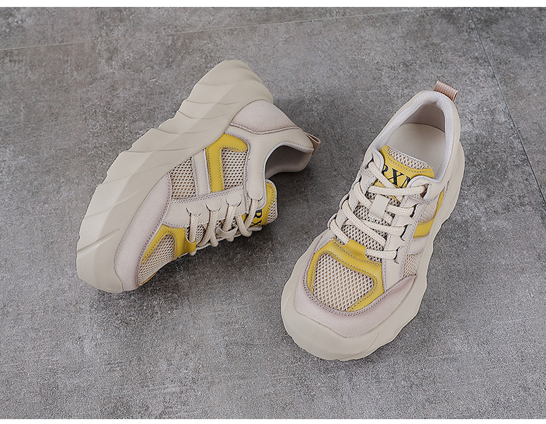 Giày sneaker nữ chunky đế dày da bò lưới thoáng khí — màu vàng chi tiết 11