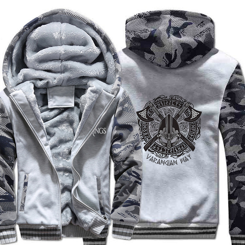 Cross-border autumn and winter fleece-lined thickened warm coat men's trendy youth plus size printed sweater men's hooded sportswear