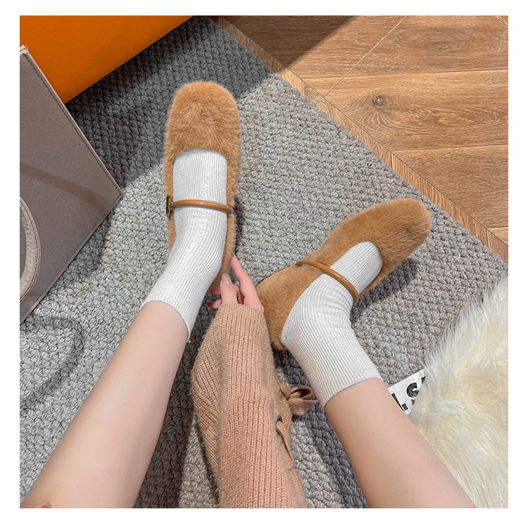 Giày Mary Jane nữ kiểu ballet một dây, gót vừa 3–6 cm, mũi tròn, tăng chiều cao, phủ nhung — Màu nâu đậm, Màu trà sữa, Màu trắng sữa chi tiết 41