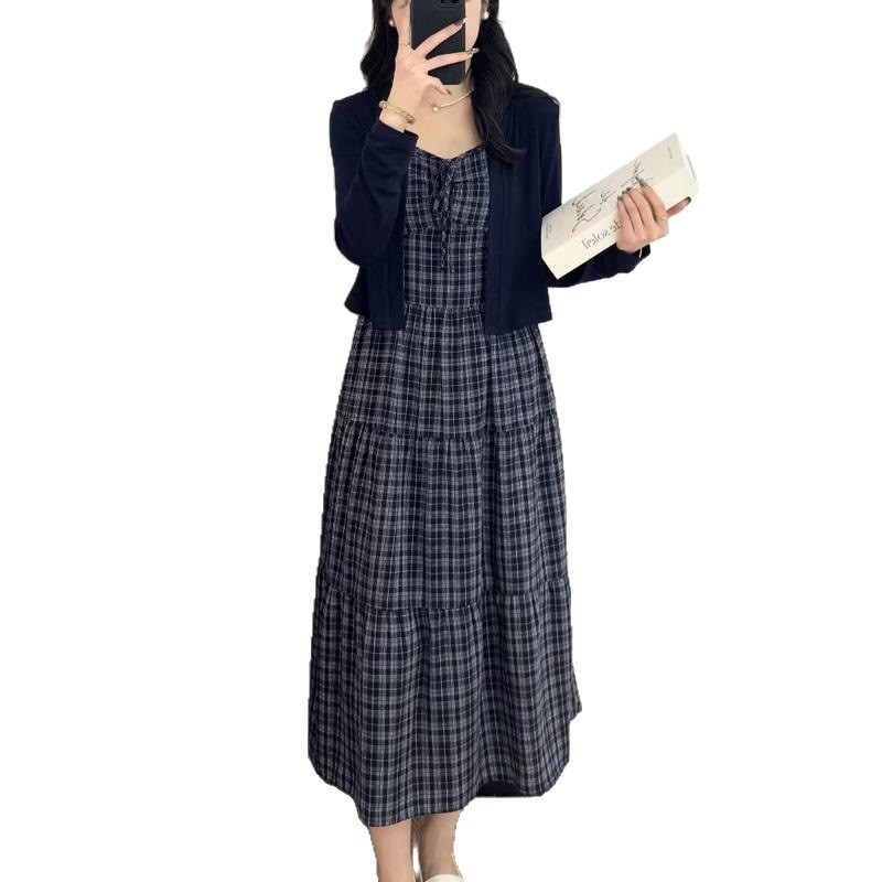 复古赫本风格子连衣裙套装女2025新款秋装针织衫吊带裙两件套|undefined