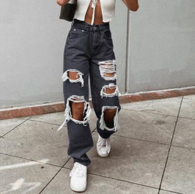 European and American Style 2024 Women's New Casual Fashion All-match Personalized High Waist Loose Hole Denim Long Women European and American Style 2024 Women's New Casual Fashion All-match Personalized High Waist Loose Hole Denim Long Women