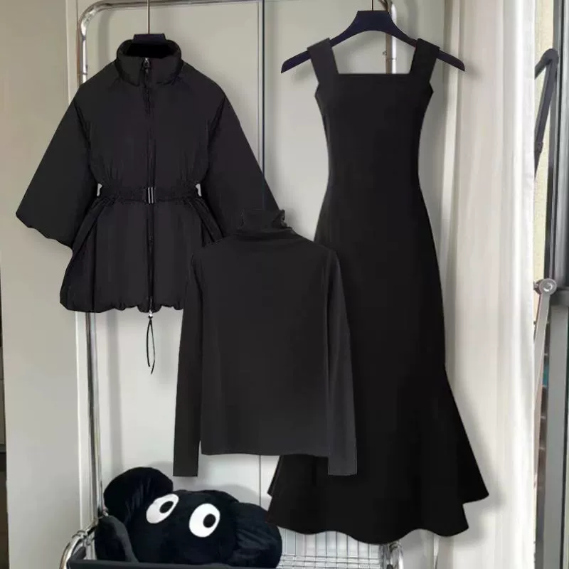 Большой размер осенний и зимний набор женский 2024 новый трикотажный хлопчатобумажный пиджак с тонким рыбьим хвостом платье из трех частей