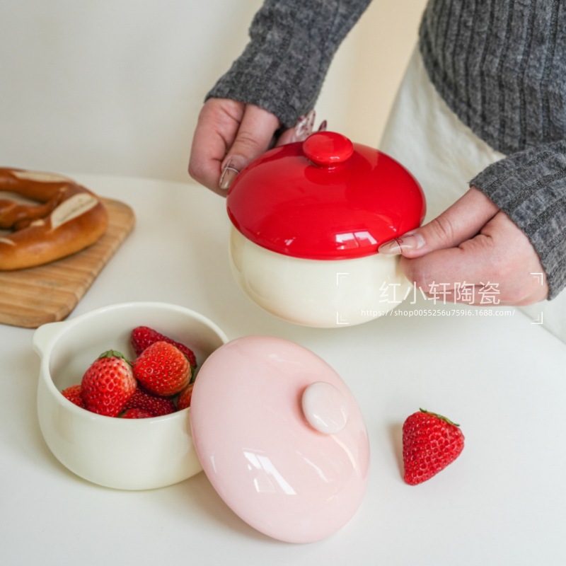 Double-ear Small Bowl with Lid Ceramic Steamed Egg Bowl Egg Custard Household Children's Baby Food Steamed Bowl Stew Pot Soup Bowl High Temperature Resistant