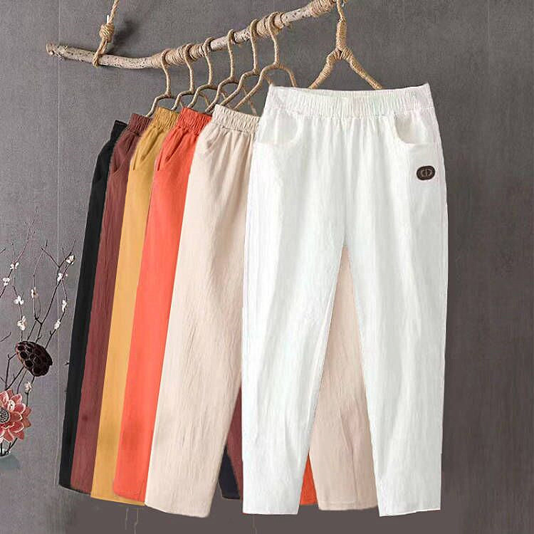 Cotton Linen Hallen Pants Women's Summer Thin Linen Cropped Radish Pants Mom Loose plus size Casual Pants