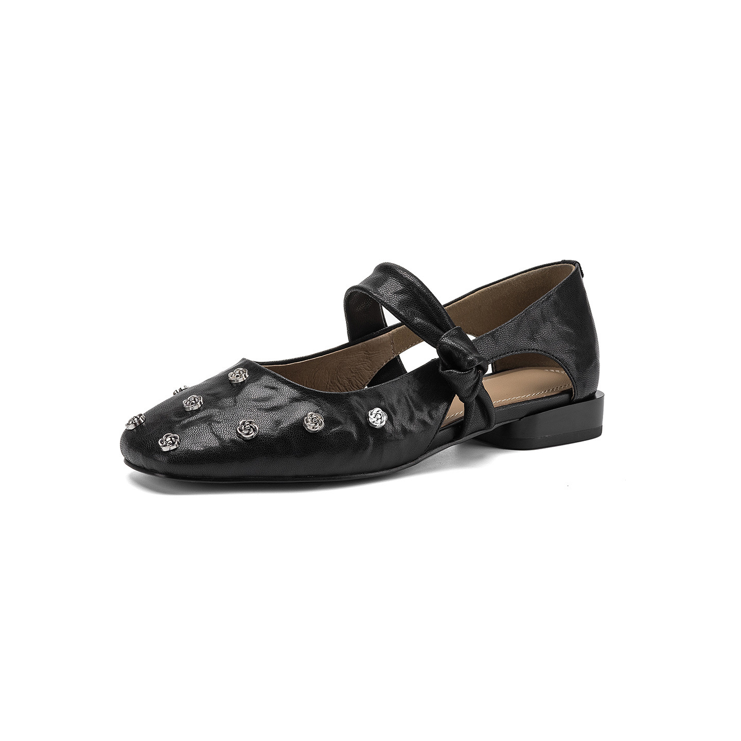 Sandal nữ da cừu đinh tán hoa rỗng mũi tròn kiểu ballet quai ngang đế bệt — đen chi tiết 30