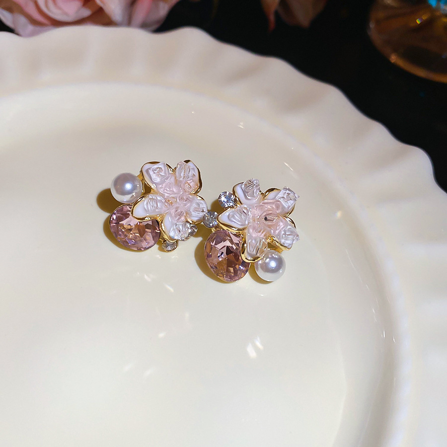 Pendientes de perlas de flor de cristal de diamantes con aguja de plata Pendientes de alta calidad Pendientes pequeños y frescos para mujer