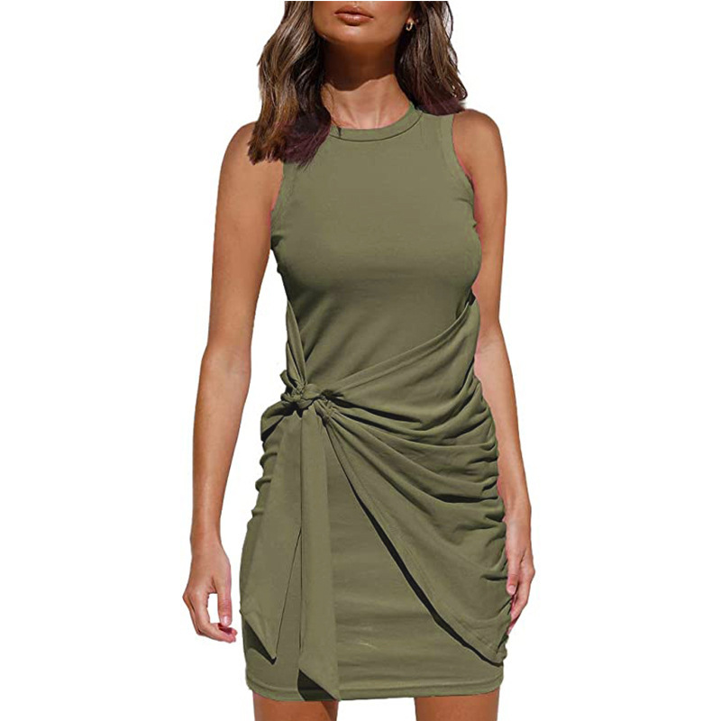 Sleeveless Round Neck Ruffled Dress Bow Tie Waist Asymmetrical Hem Elegant Style Perfect for Parties and Events
