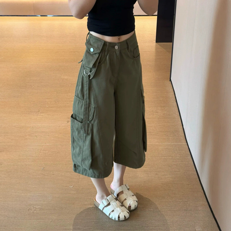 Army green workwear wide-leg cropped pants for women, summer plus-size high-waisted loose slimming design denim mid-length pants