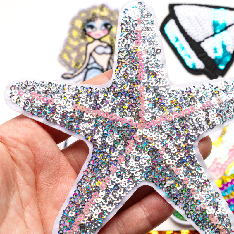 マーメイドスパンコール刺繍ヒトデ貝クラゲコンピュータ刺繍漫画刺繍布ステッカーバック接着剤パッチ卸売|undefined