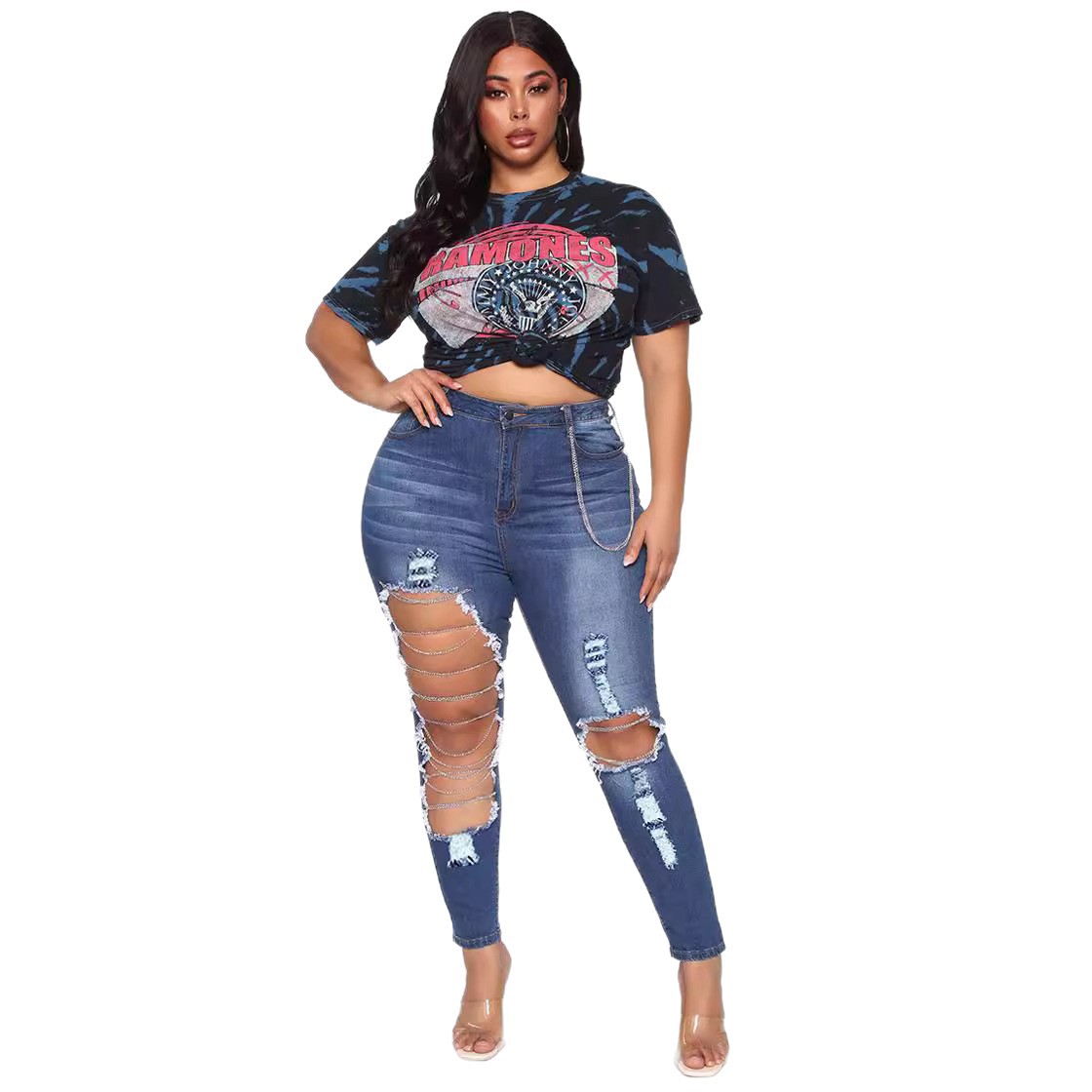 European And American 2023 Early Spring Style Ripped Jeans For Women With Chain Accessories, Stretch Cotton_voghion.com