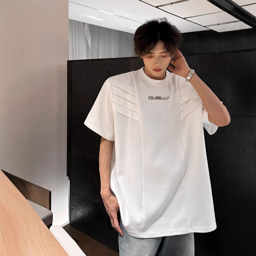 Original Design Men's T-Shirt with Multi-Layer Structure, Padded Shoulder, Short-Sleeve Summer American Heavyweight Half-Sleeve