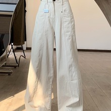 沙白色美式工装牛仔裤女高腰显瘦设计感秋季设计感直筒阔腿裤