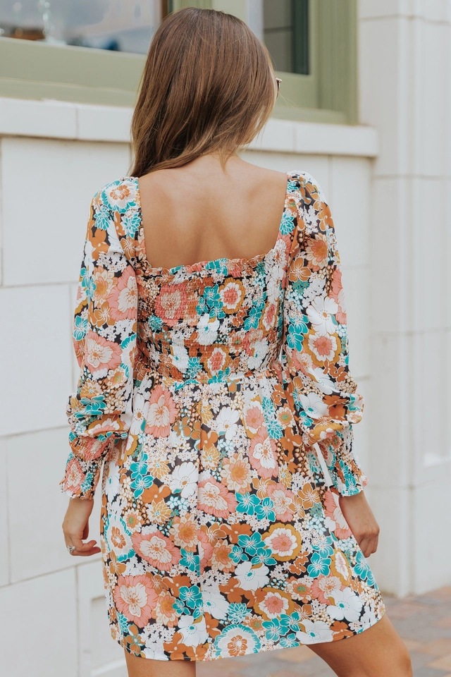 backless floral printing square neck long-sleeved dress NSJRM135683