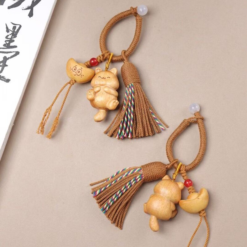 Cute Little Cat with Gold Sandalwood Tassel Bag Charm, Cat Eating Fish, Lucky Cat, Children's Backpack Charm, Car Keychain