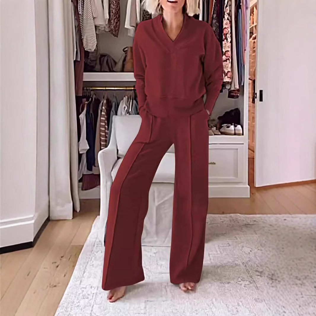 Dames tweedelige set in effen kleur, casual, met lange mouwen, comfortabel, geschikt voor thuis, veelzijdig, herfst, Europees-Amerikaanse stijl_voghion.com