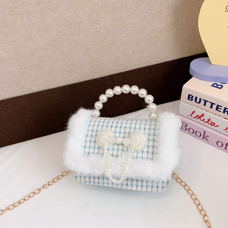 2025 bolsos de Año Nuevo para niños bolsos de perlas princesa de estilo cuadrado bolsos de hombro de cadenas de peluche niñas