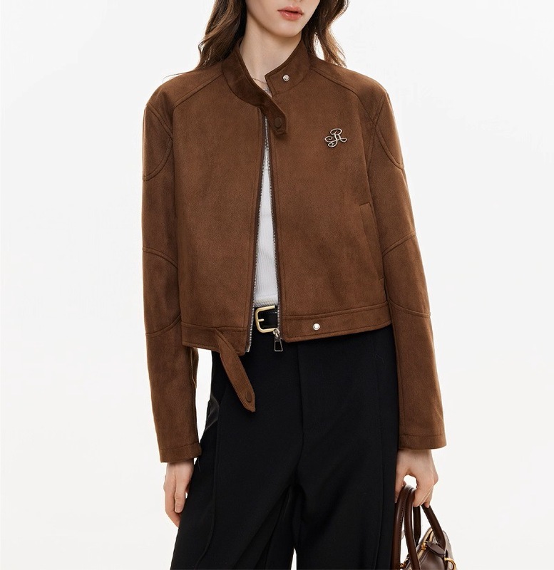金属标复古麂皮绒外套女春秋新款短款飞行服夹克上衣服|undefined