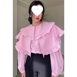 韩国chic春季甜美减龄荷叶边多层大翻领设计宽松百搭泡泡袖衬衫女
