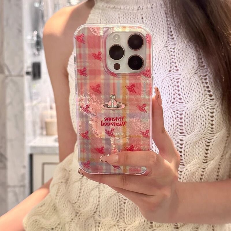 韩系ins少女粉色格纹立体星球适用14苹果15ProMax手机壳iPhone13|undefined