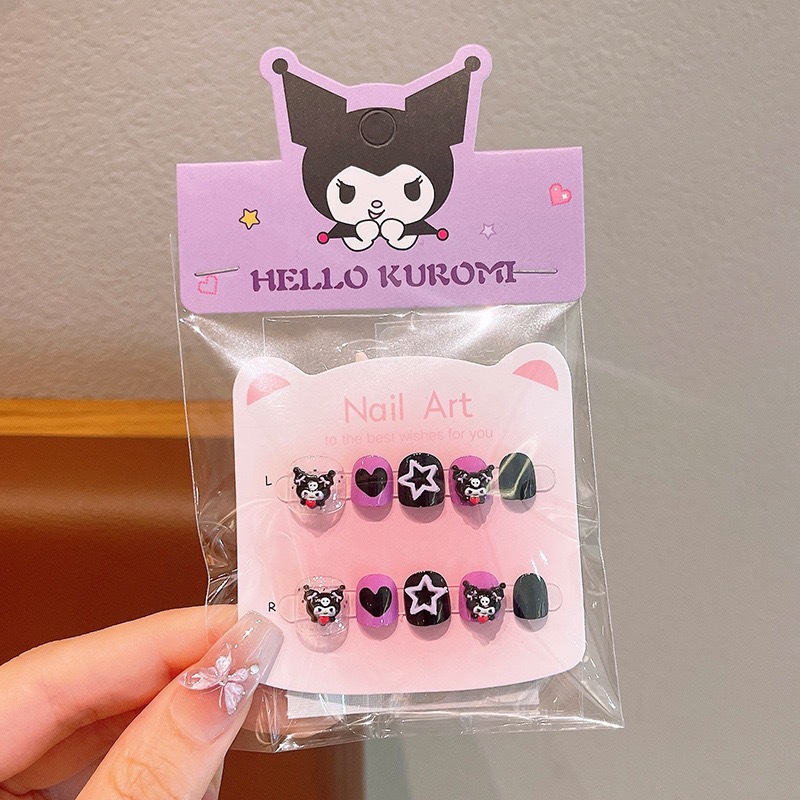 Uñas postizas Kuromi para niños en caja, lindas pegatinas de uñas removibles para niñas, pegatinas de uñas exquisitas de dibujos animados.