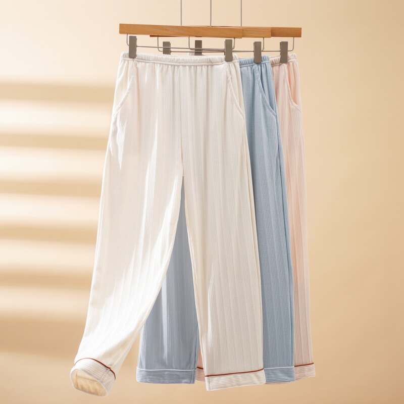 Double Pocket Pajama Pants Women's Trousers New Summer Thin Simple Jacquard Cotton Walking Pants Outwear Spring and Autumn Home Pants