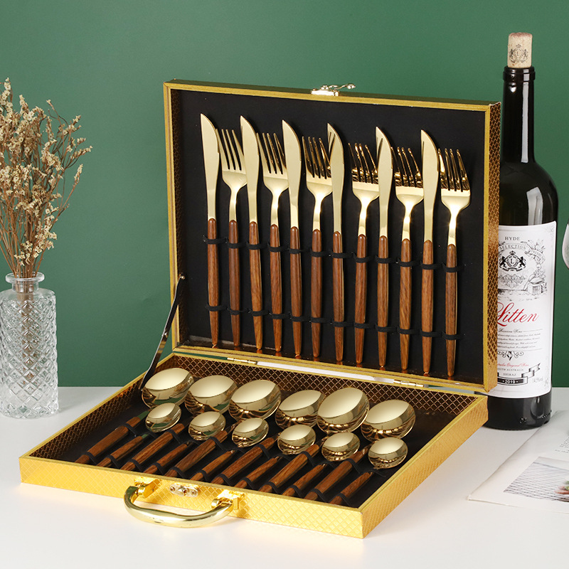 Cuchillo, tenedor y cuchara de grano de madera de imitación de mango de clip de vajilla de acero inoxidable 430