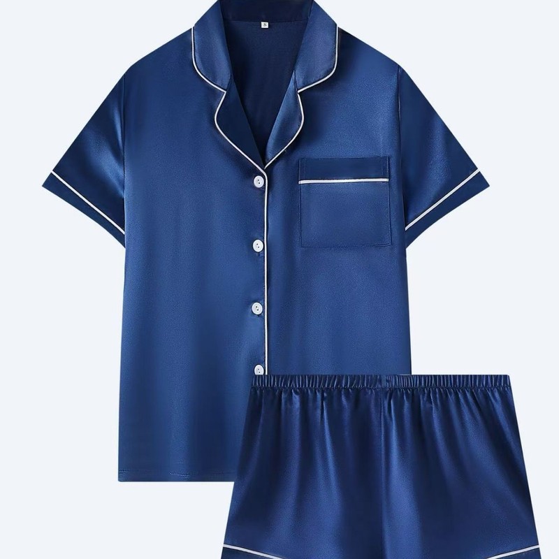 跨境外贸Nightwear简约气质百搭女舒适短袖衬衫家居服短裤套装|undefined