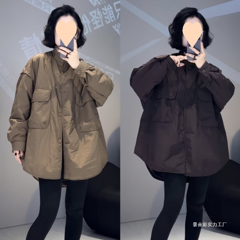 美拉德中长款工装大口袋宽松休闲外套感纯色立领轻薄保暖上衣|undefined