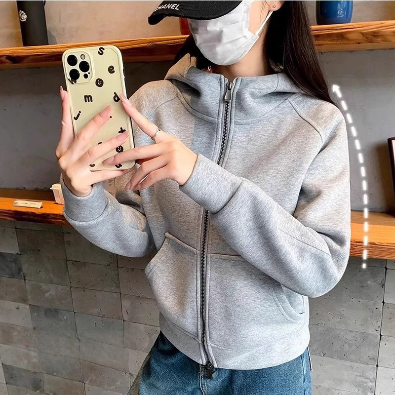 Lulu Same Style Zipper Hooded Jacket Women's Cotton Air Layer Slim Slim Sweatshirt Petite Short Top European and American