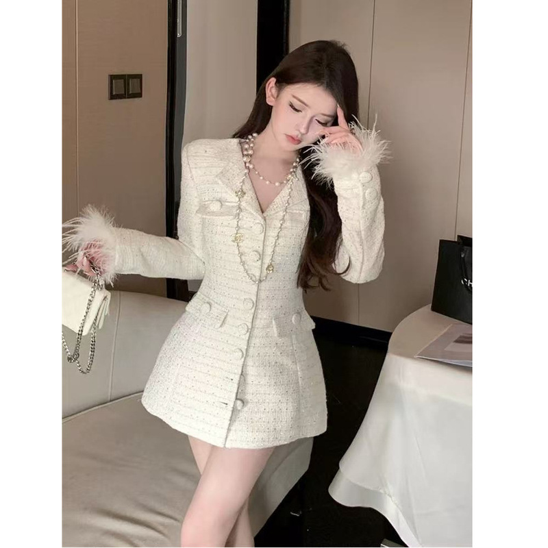 Tweed Style Woven Suit Jacket for Women in Autumn and Winter, High-End and Elegant, Slim-Fitting Mid-Length Fur Splicing Top for Ladies