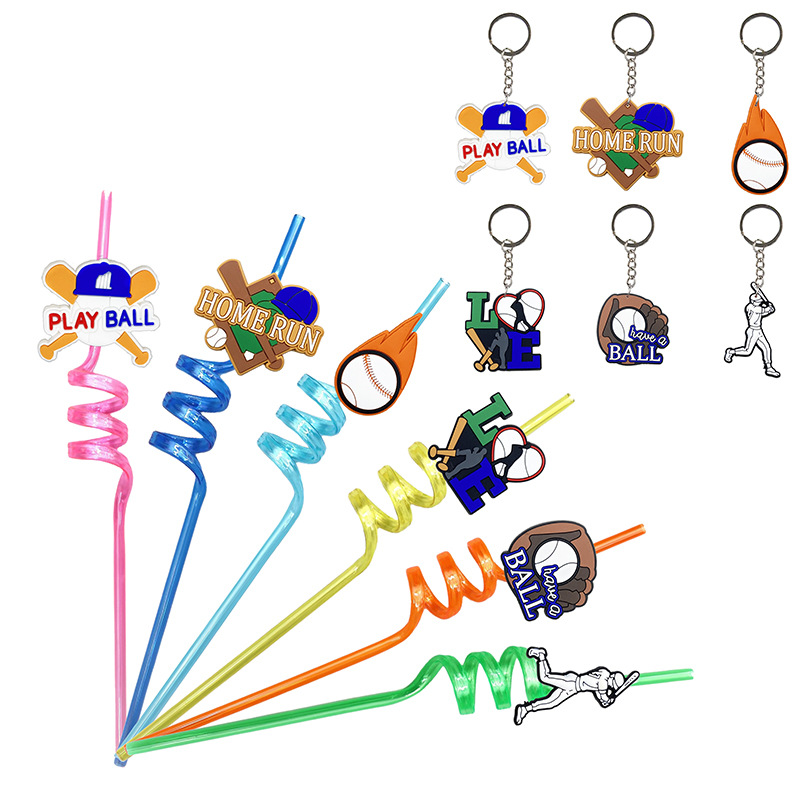Serie de béisbol Pajita en espiral creativa 6 deportes Tema de béisbol Llavero a juego combinación petg
