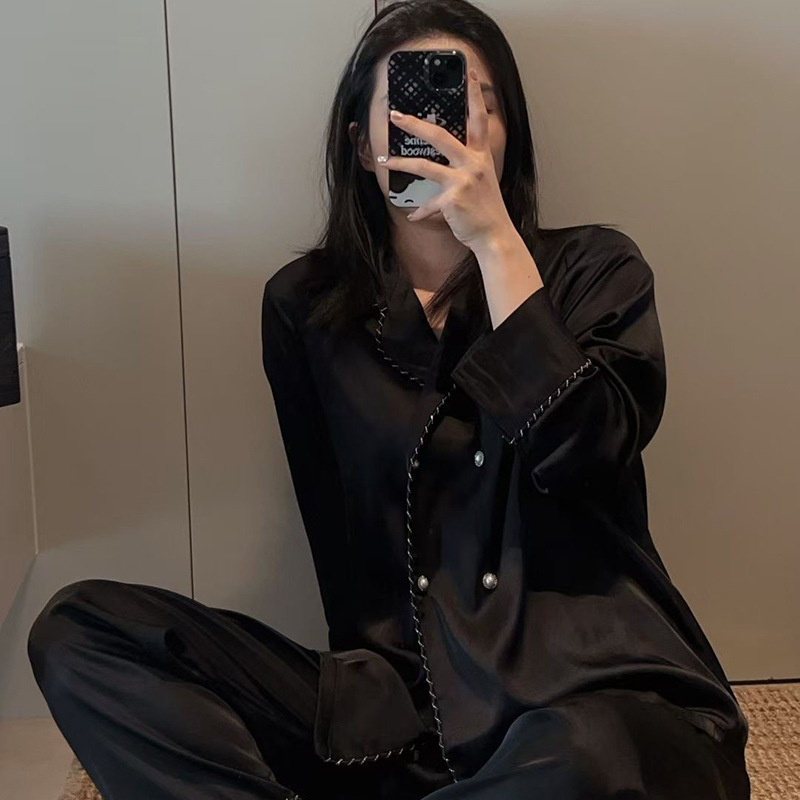 2025 New Style Ice Silk High-End Pajamas for Women, Double-Breasted Black Luxury Comfortable Loungewear Set That Can Be Worn Outside 2025 New Style Ice Silk High-End Pajamas for Women, Double-Breasted Black Luxury Comfortable Loungewear Set That Can Be Worn Outside