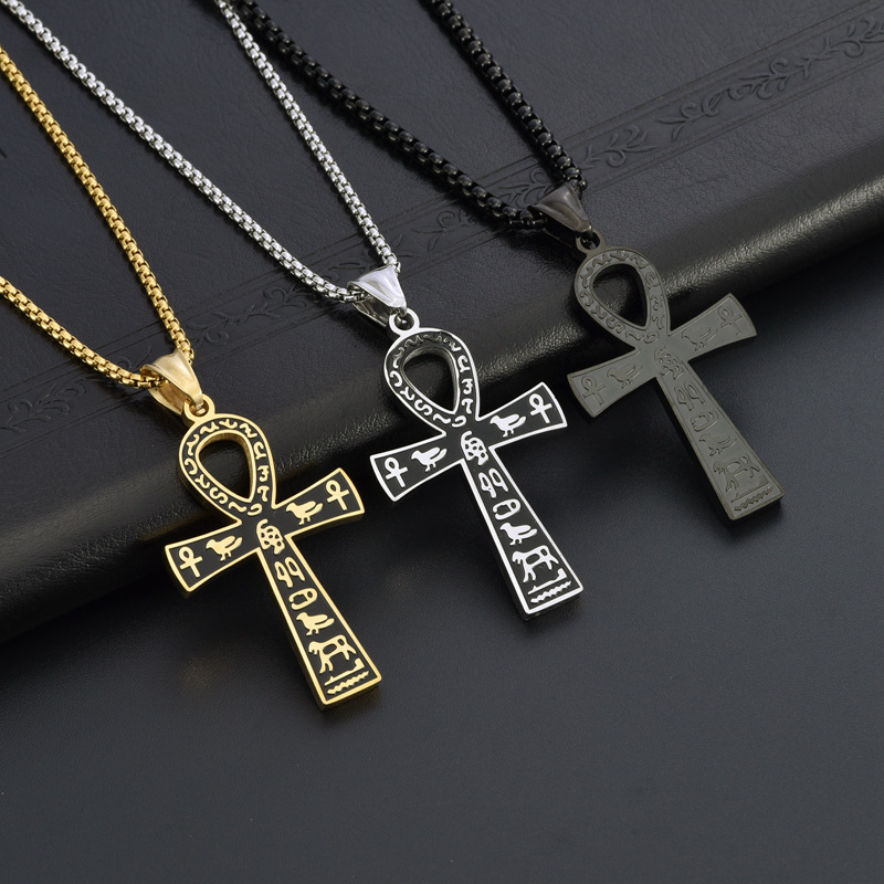Cross-border European and American Men's Retro Ancient Egyptian Symbol Anka Cross Pendant Titanium Steel Necklace Hip Hop Accessories Jewelry