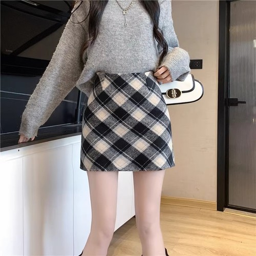 2024 Fall New Women's Petite Wool Vintage High-Waist Korean Chic Peplum Gingham A-Line Skirt