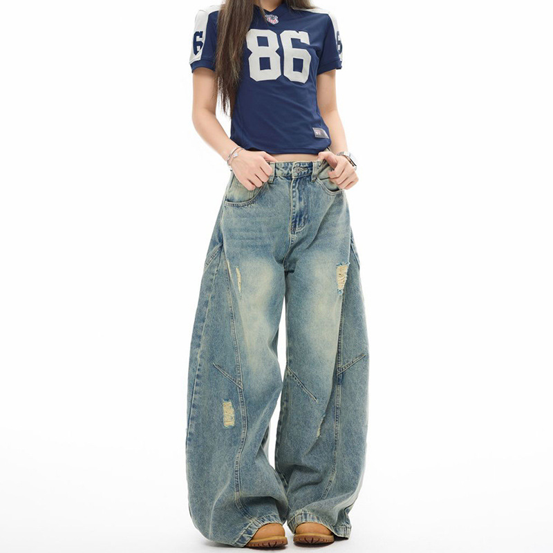 Vintage Blue High-Waisted Ripped Wide-Leg Jeans for Women, New Spring Style, Loose Fit, Slimming, Super Stylish, Curved Hem, Floor-Length Pants Vintage Blue High-Waisted Ripped Wide-Leg Jeans for Women, New Spring Style, Loose Fit, Slimming, Super Stylish, Curved Hem, Floor-Length Pants