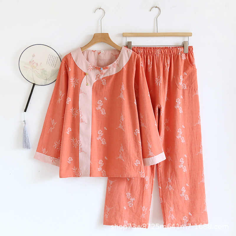 여성용 면 원사 염색 자카드 중국 스타일 긴팔 바지 잠옷, 올 시즌 얇은 라운드 넥 풀오버 홈웨어 세트, 외부 착용 가능