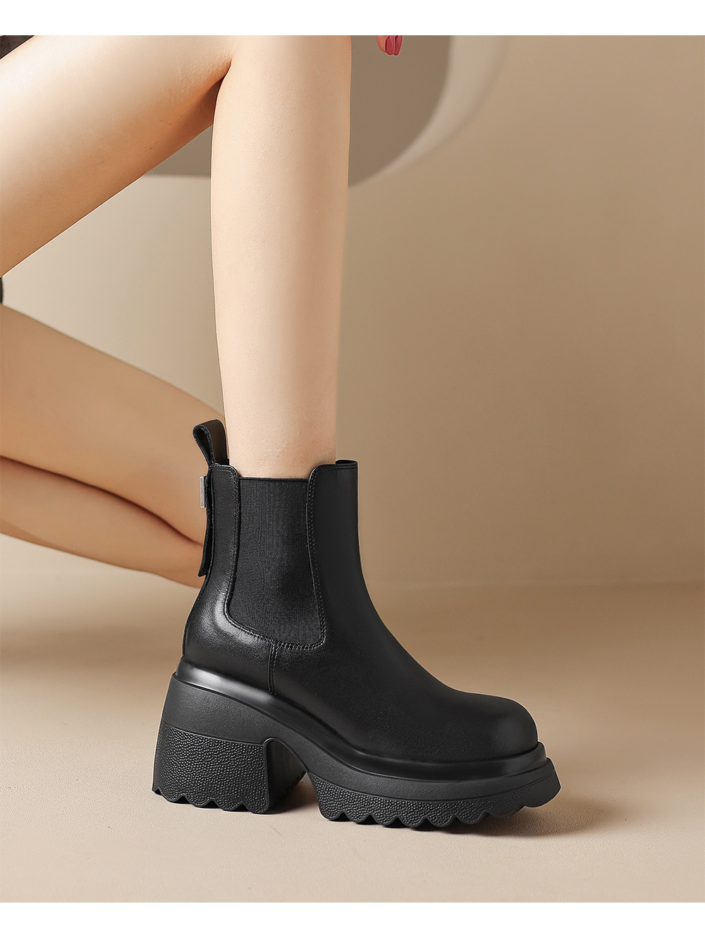 Boot Chelsea nữ da thật đế dày platform gót cao 9 cm mùa thu đông 2025 — Lớp lót đơn màu be, Lớp lót nhung đen, Lớp lót nhung màu be, Lớp lót đơn màu đen chi tiết 8