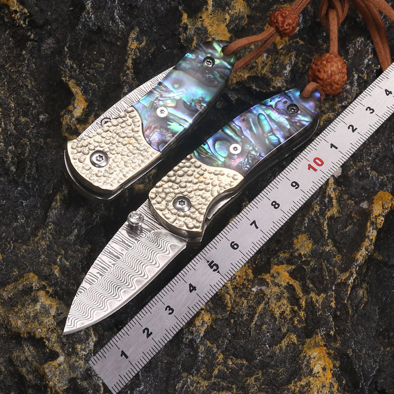 户外大马士革钢荒野求生高硬度多功能钓鱼工具家用锋利开刃折叠刀