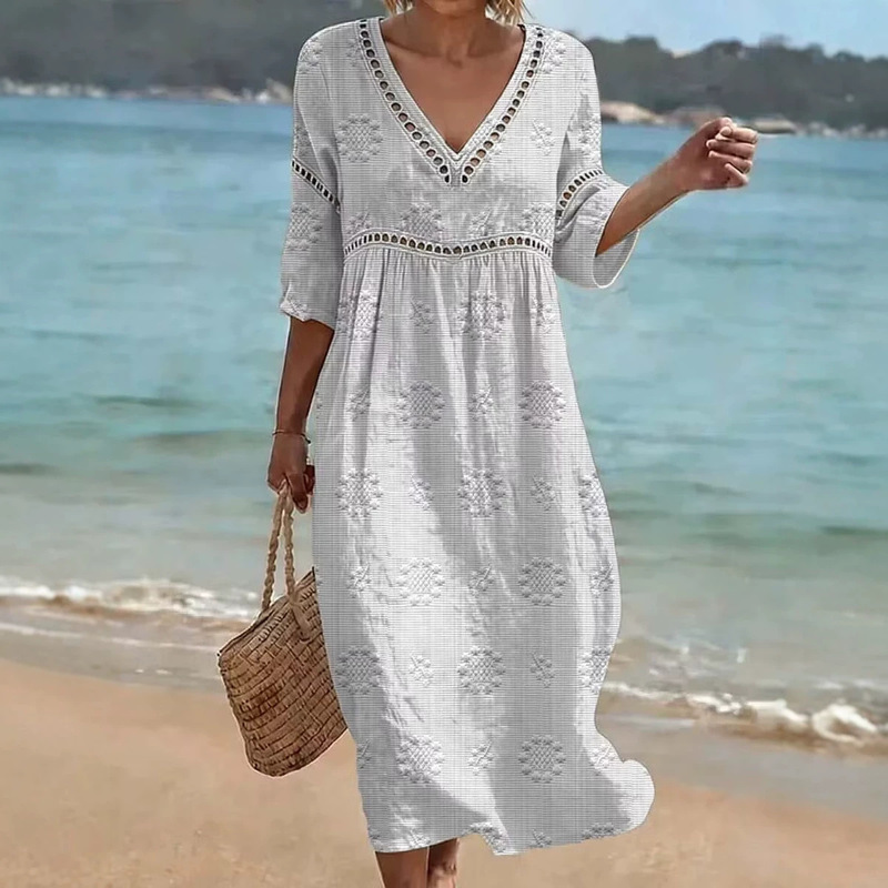 Women's long-collared robe, vacation dress, loose-fitting dress, printed patchwork V-neck cross-border robe