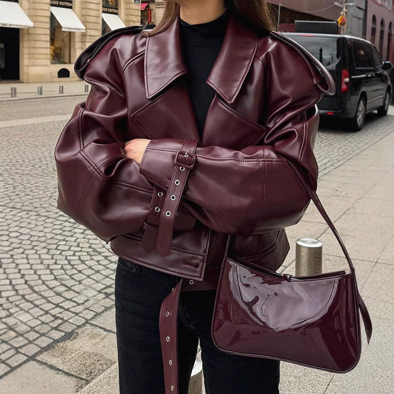 Real Shot - Burgundy Pu Motorcycle Jacket with Belt for Autumn and Winter, European and American Style, Adjustable Cuffs, Vintage Jacket